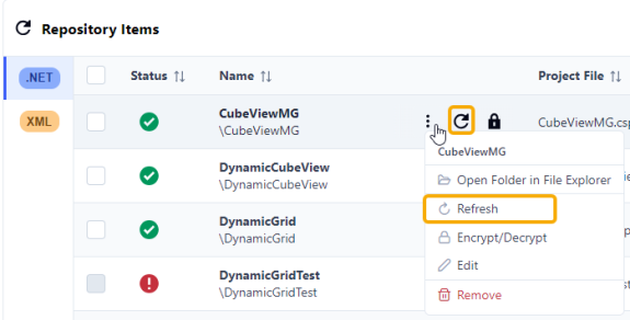 The Refresh icon is outlined and the context menu displays with the Refresh option outlined